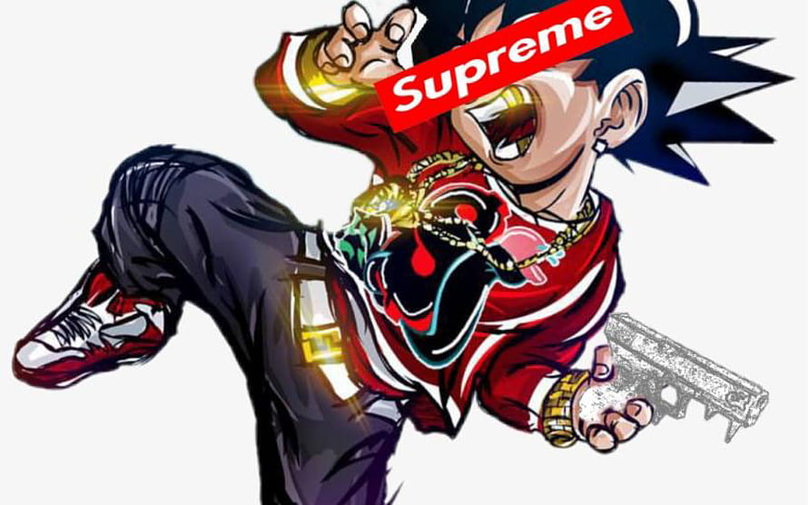Supreme Drip Goku Anime Character Wearing Streetwear and Holding Pistol HD wallpaper