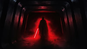 Darth Vader Silhouette Holding Red Lightsaber in Dark Corridor HD wallpaper
