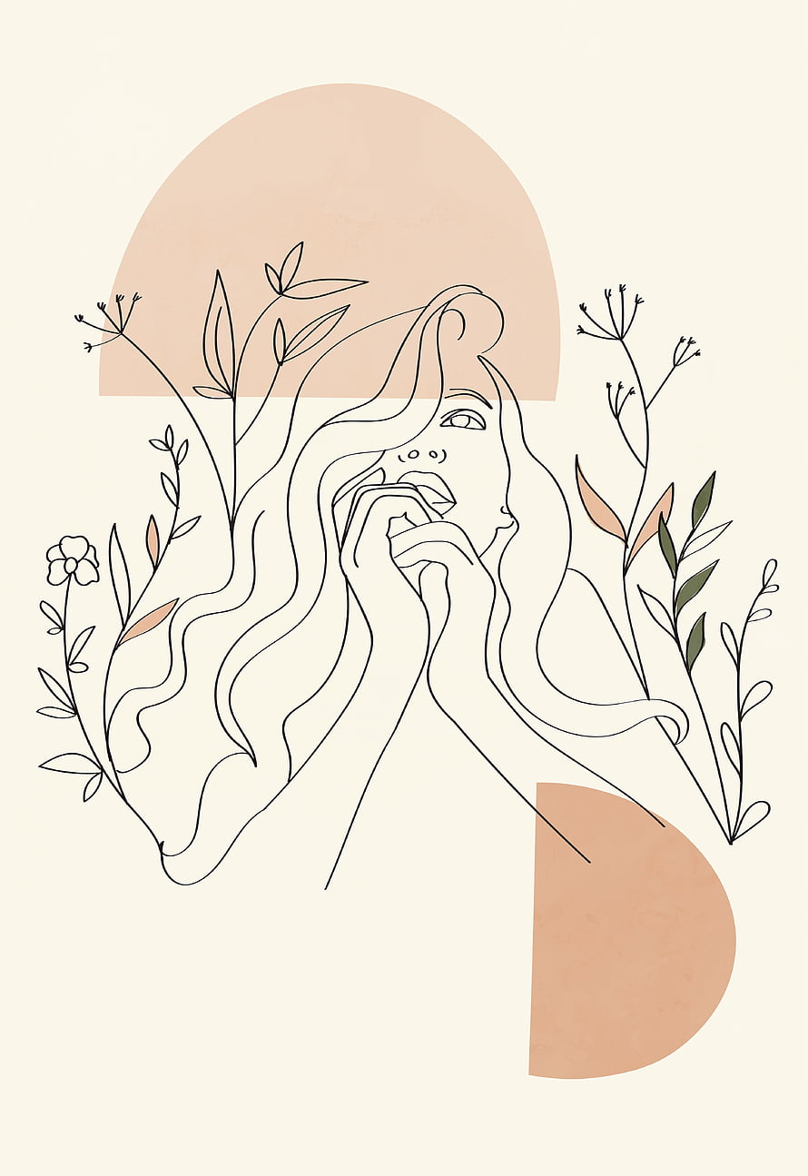 Minimalist continuous line art of a woman with flowing hair and botanical elements HD phone wallpaper