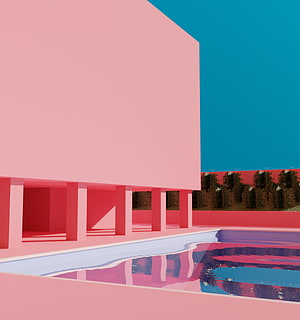 Pink Minimalist Architecture with Reflecting Pool and Teal Sky in Vaporwave Style HD phone wallpaper