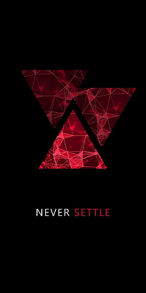 OnePlus Never Settle Logo with Red Geometric Triangle Design on Black Background HD phone wallpaper