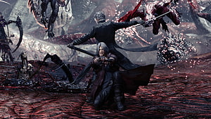 Devil May Cry 5 Dante and Vergil Dual Wielding Swords in Dark Battlefield HD wallpaper