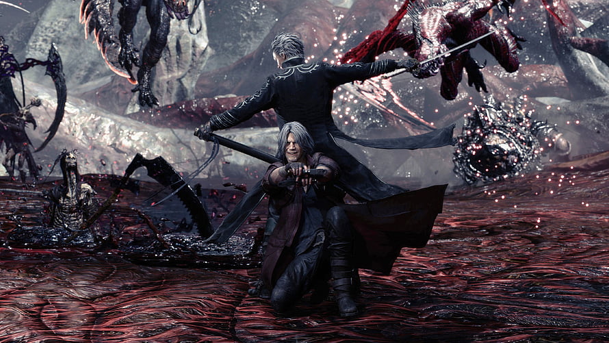 Devil May Cry 5 Dante and Vergil Dual Wielding Swords in Dark Battlefield HD wallpaper