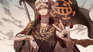Trafalgar Law from One Piece in Watercolor Style with Skull Flag and Gold Chains HD wallpaper