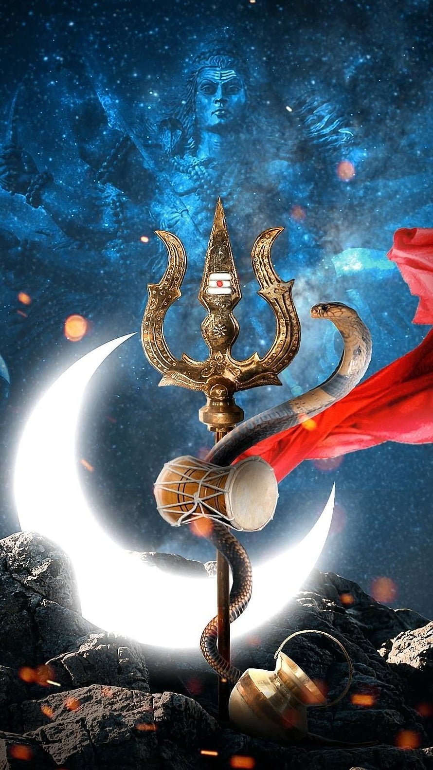 Maha Shiva Trishul and Crescent Moon with Serpent and Damaru on Rocky Terrain HD phone wallpaper