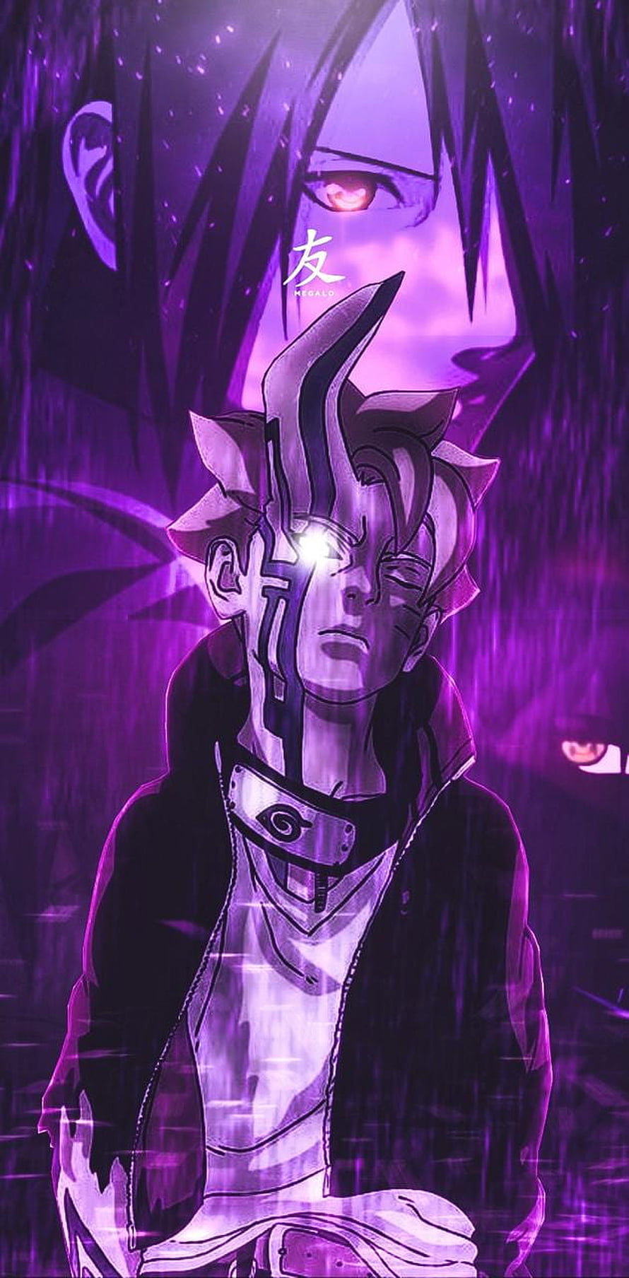 Boruto and Sasuke Uchiha in Purple Anime Artwork with Glowing Eyes and Headband HD phone wallpaper