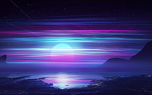 Synthwave Retro Night Skyline With Neon Aurora And Glowing Horizon Over Dark Water HD wallpaper