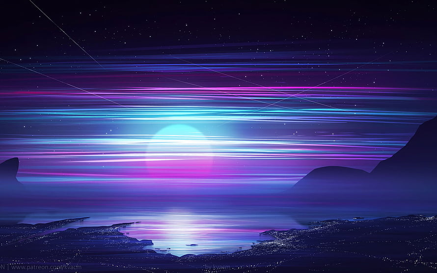 Synthwave Retro Night Skyline With Neon Aurora And Glowing Horizon Over Dark Water HD wallpaper