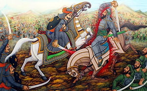 Maharana Pratap Epic Horseback Duel Illustration HD wallpaper