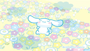 Cinnamoroll Sitting in a Pastel Flower Field with Soft Kawaii Illustration Style HD wallpaper