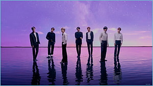 BTS Standing in Reflective Water Under a Purple Starry Sky HD wallpaper