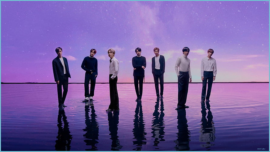 BTS Standing in Reflective Water Under a Purple Starry Sky HD wallpaper