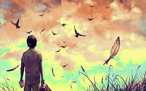 Lonely Boy Standing in Grass Field Watching Birds Fly in Warm Sunset Sky HD wallpaper
