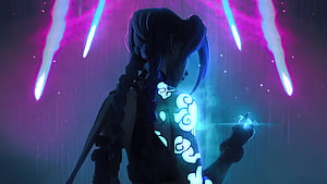 Jinx from Arcane holding glowing energy with neon streaks and rain HD wallpaper