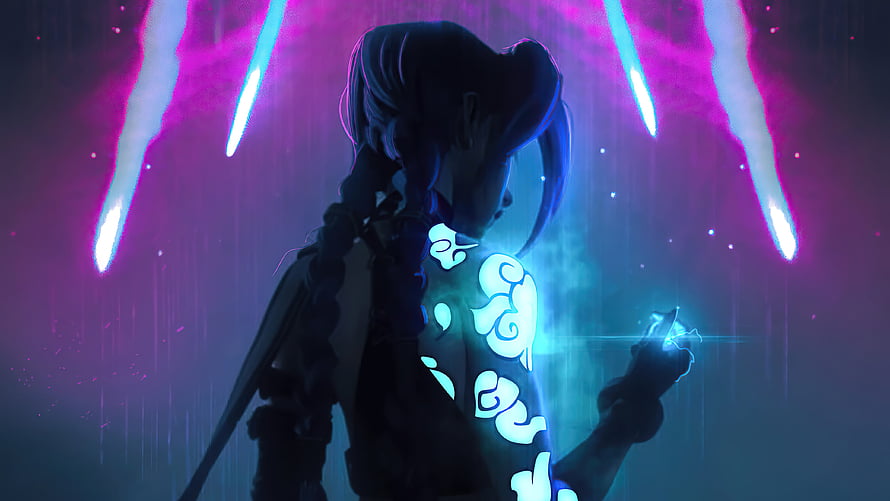 Jinx from Arcane holding glowing energy with neon streaks and rain HD wallpaper