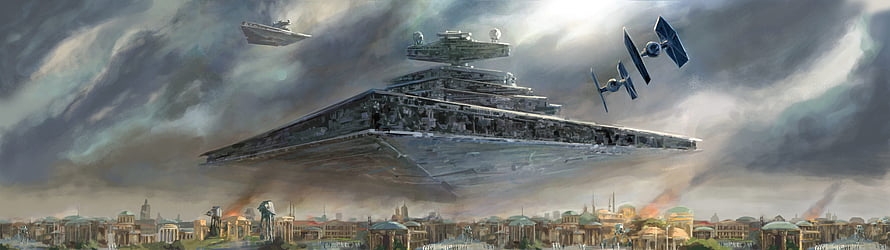 Star Wars Imperial Star Destroyer and TIE Fighters Hovering Over a City Under Stormy Skies HD wallpaper