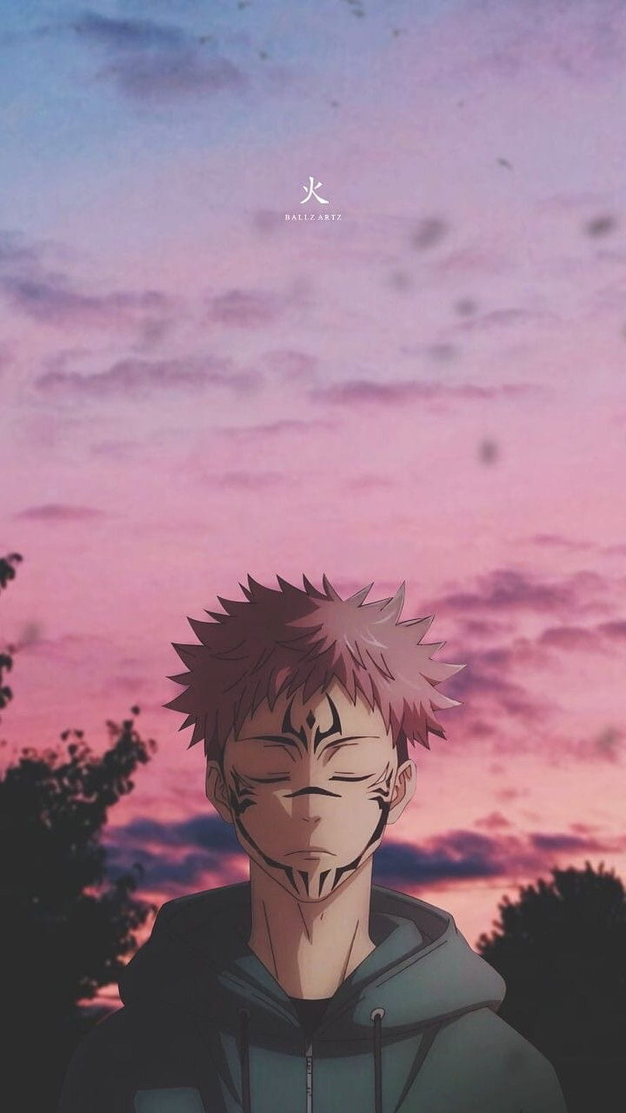 Sukuna from Jujutsu Kaisen with facial markings against a pink sunset sky HD phone wallpaper