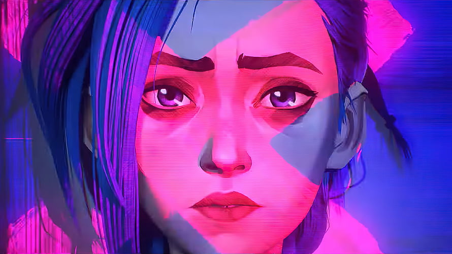 Jinx from Arcane in a vibrant neon pink and blue digital art portrait with a cyberpunk aesthetic HD wallpaper