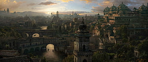 Sweeping View of a Fantasy Medieval Port City at Golden Hour with Arched Bridges and Domes HD wallpaper