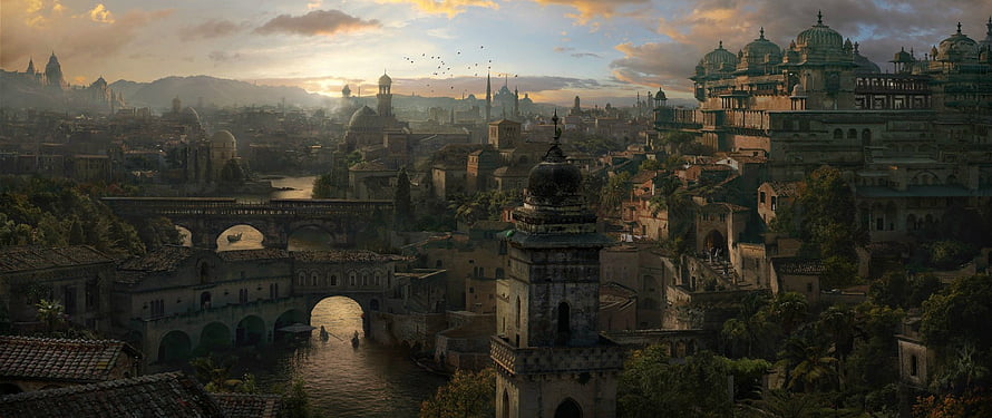 Sweeping View of a Fantasy Medieval Port City at Golden Hour with Arched Bridges and Domes HD wallpaper