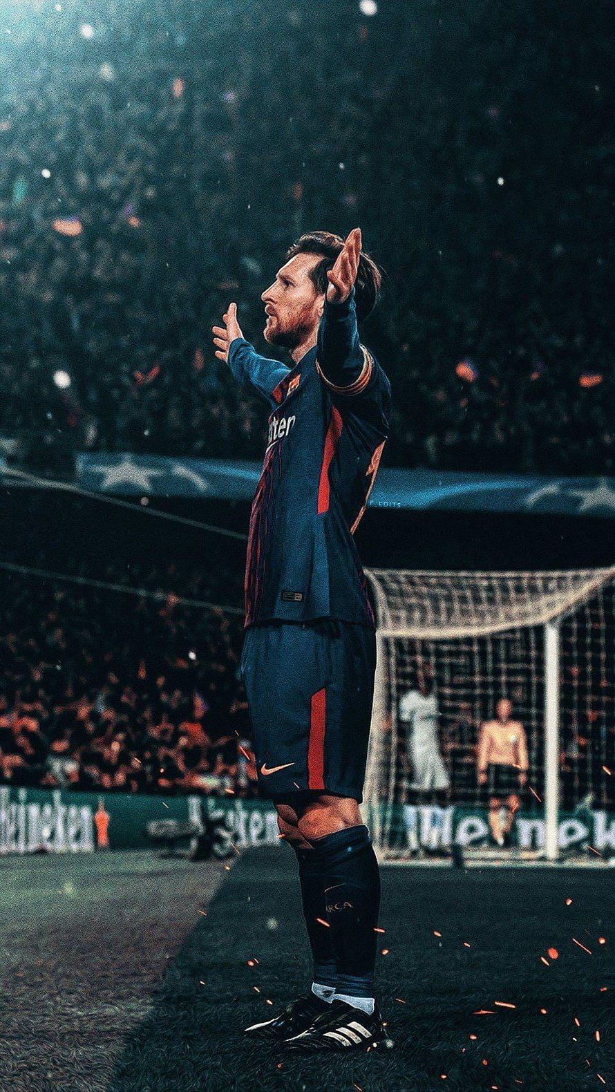 Lionel Messi in FC Barcelona kit applauding the crowd at a night match HD phone wallpaper