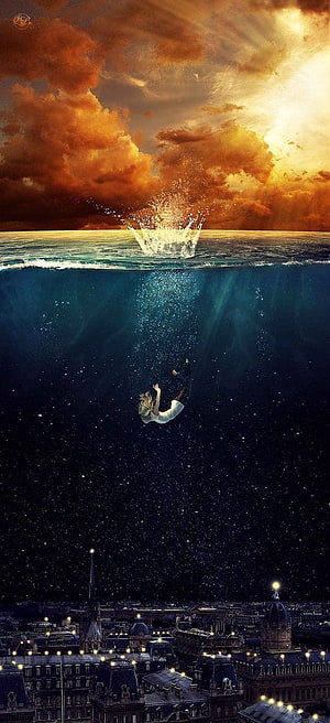 Surreal Underwater Diver Above Paris Cityscape with Dramatic Sunset Sky HD phone wallpaper