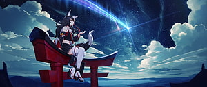 Hololive Mio anime character sitting on a red torii gate under a starry night sky with a shooting star HD wallpaper
