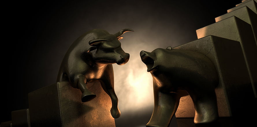 Bull and Bear Market Statues Confronting on Rising and Falling Bar Charts HD wallpaper
