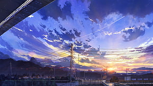 Japanese Suburban Twilight with Power Lines and Starry Sky Digital Art HD wallpaper