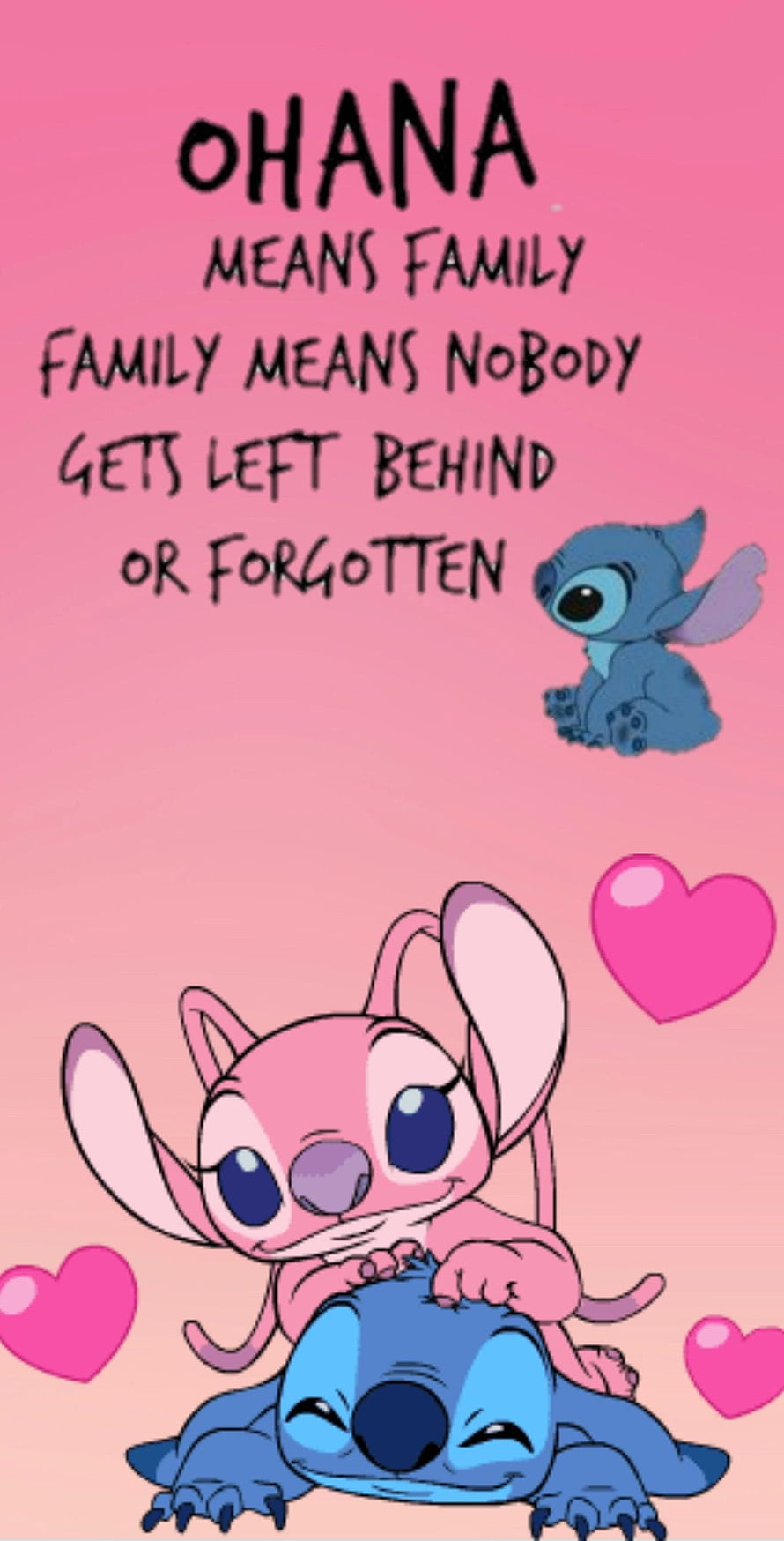 Stitch and Angel Cuddling with Ohana Family Quote on Pink Background HD phone wallpaper