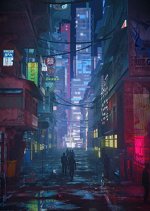 Cyberpunk Alley in Rainy Asian City with Neon Signs and Silhouetted Figures HD phone wallpaper