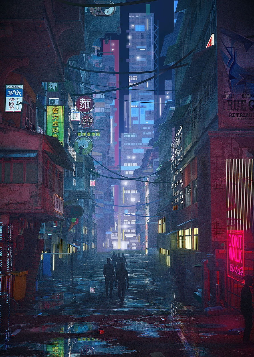 Cyberpunk Alley in Rainy Asian City with Neon Signs and Silhouetted Figures HD phone wallpaper