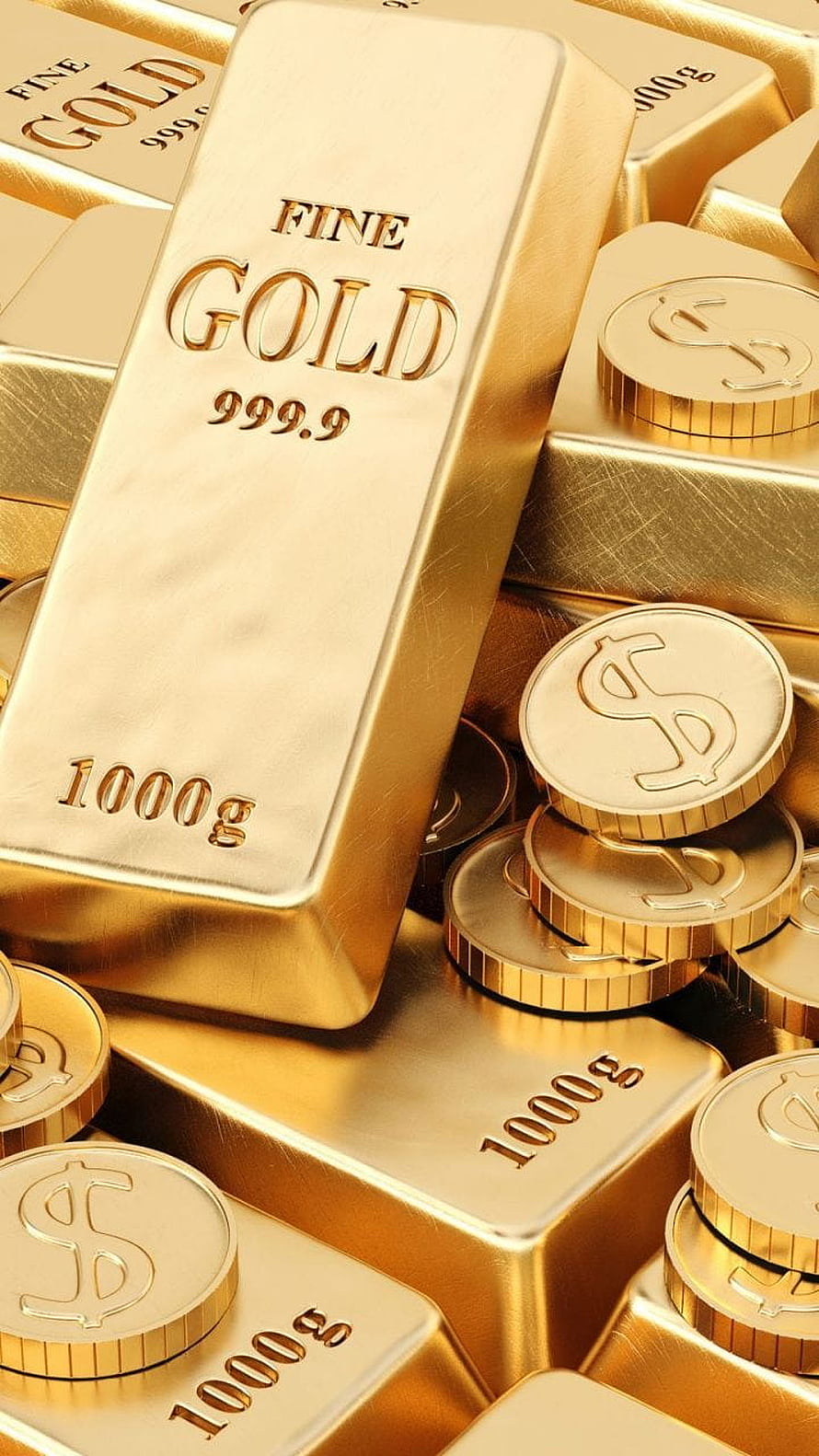 Stacked Fine Gold Bars and Coins with Dollar Symbols HD phone wallpaper