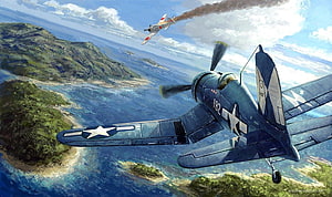 World War Two Fighter Plane Dogfight Over Coastal Island Landscape HD wallpaper