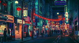 Neon-Lit Japanese Street at Night with Red Lanterns and Crowds HD wallpaper