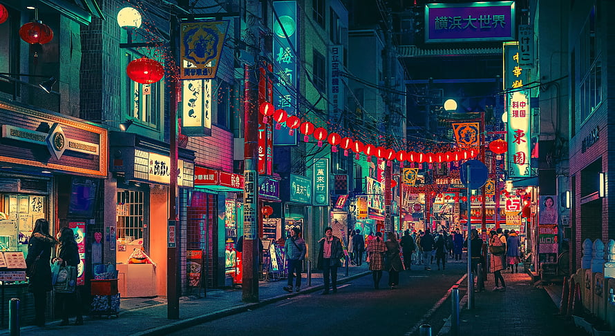 Neon-Lit Japanese Street at Night with Red Lanterns and Crowds HD wallpaper