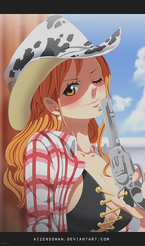 One Piece Nami in Cowboy Hat and Plaid Shirt Holding Revolver HD phone wallpaper