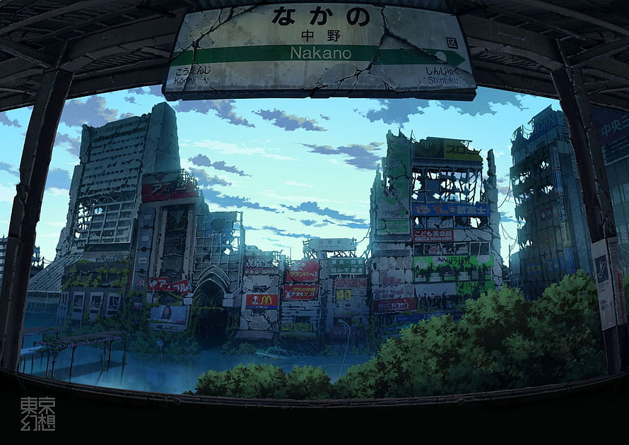 Post-Apocalyptic Nakano Station View of Overgrown Tokyo Ruins in Anime Style HD wallpaper