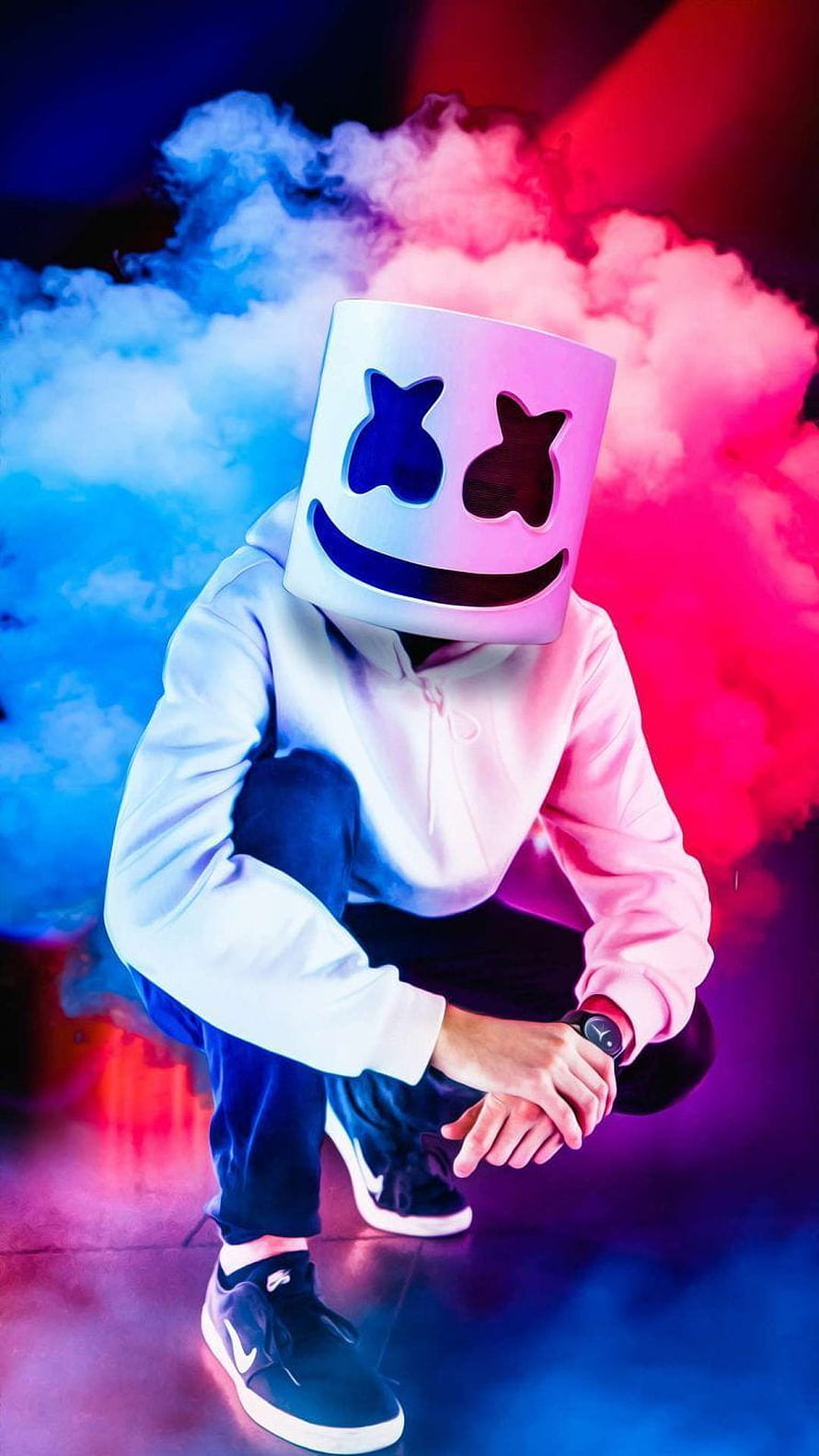 Marshmello DJ in White Hoodie Crouching in Neon Blue and Pink Smoke HD phone wallpaper