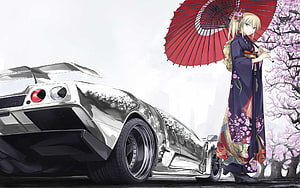 Anime Girl in Kimono with Red Umbrella Beside Silver JDM Sports Car Under Cherry Blossoms HD wallpaper