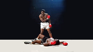 Muhammad Ali Standing Over Knocked Out Opponent in Boxing Ring HD wallpaper