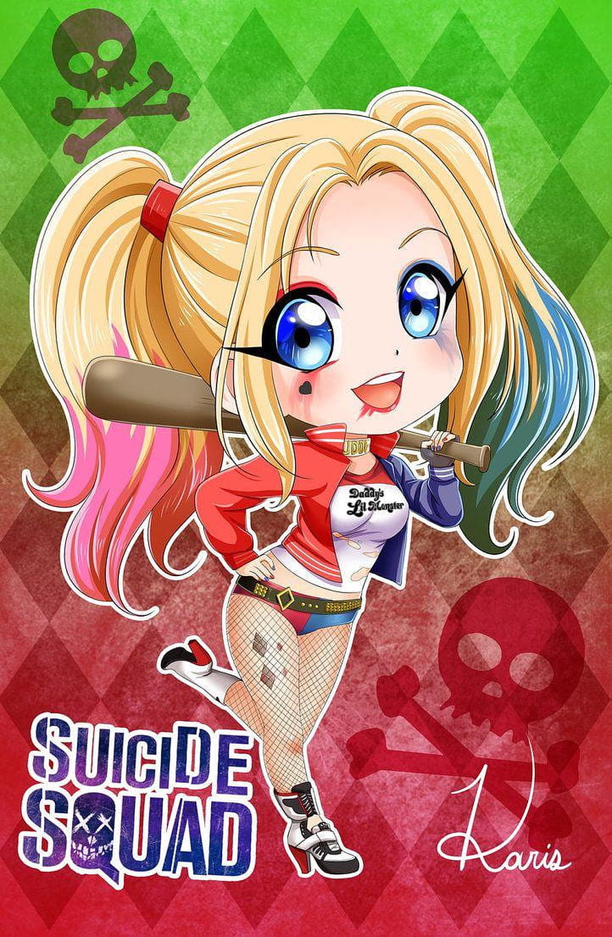 Chibi Harley Quinn from Suicide Squad Holding Baseball Bat in Anime Style HD phone wallpaper