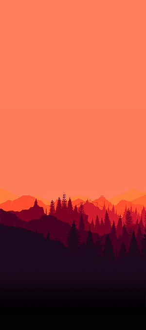 Minimalist Orange Sunset Over Silhouetted Pine Forest and Mountain Ranges HD phone wallpaper