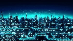 Futuristic Digital Cityscape with Glowing Binary Code and Neon Blue Circuit Grid HD wallpaper