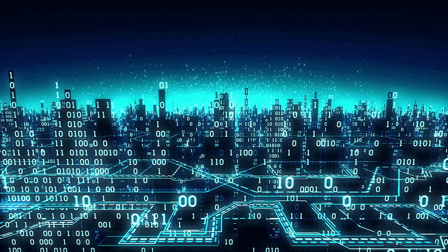 Futuristic Digital Cityscape with Glowing Binary Code and Neon Blue Circuit Grid HD wallpaper