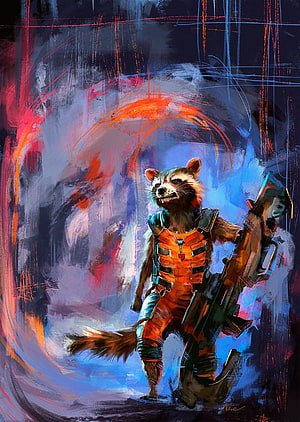 Rocket Raccoon in Orange Armor Holding a Large Sci-Fi Weapon in a Vibrant Digital Painting HD phone wallpaper