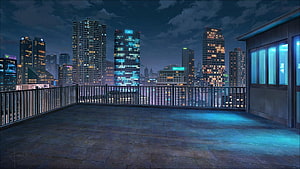 Anime Rooftop Terrace Overlooking a Neon-Lit City Skyline at Night HD wallpaper