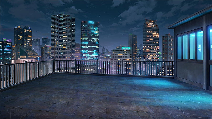 Anime Rooftop Terrace Overlooking a Neon-Lit City Skyline at Night HD wallpaper