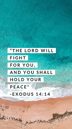 Aerial Beach View with Exodus 14:14 Bible Verse Quote on Turquoise Water HD phone wallpaper