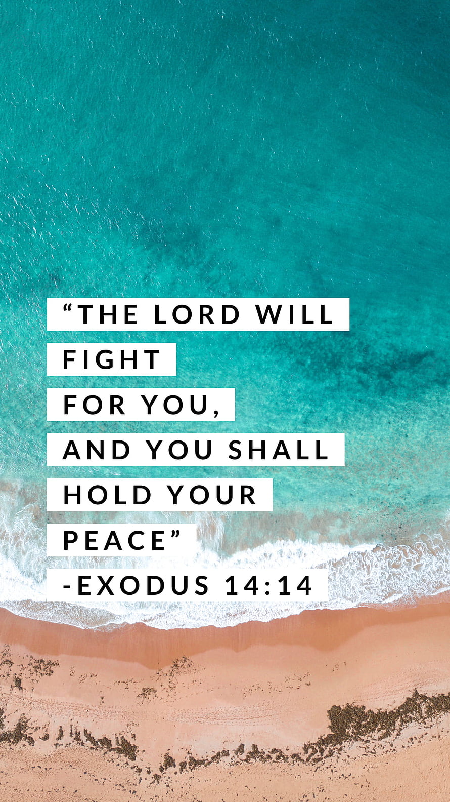 Aerial Beach View with Exodus 14:14 Bible Verse Quote on Turquoise Water HD phone wallpaper